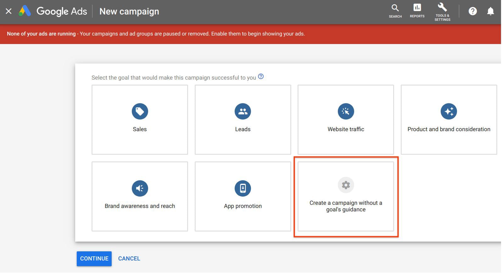 Create a campaign without a goal’s guidance