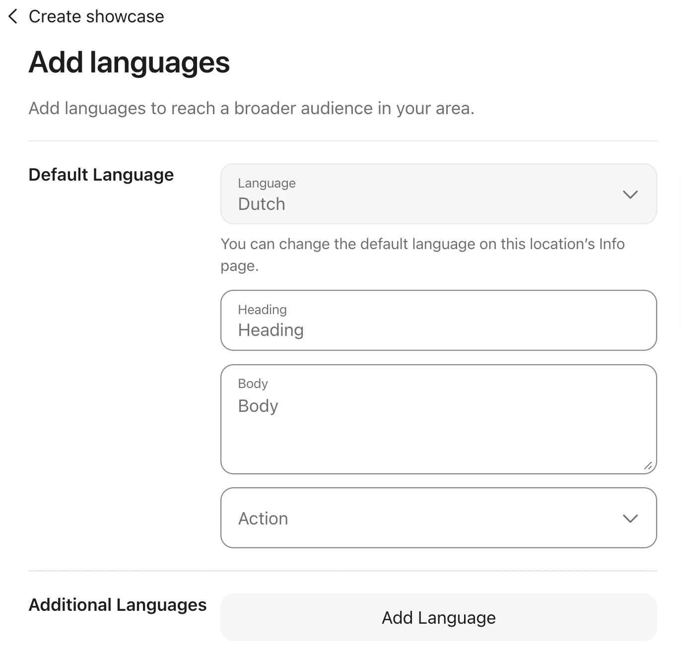 Apple Business Connect - Creating Showcase, Add Languages