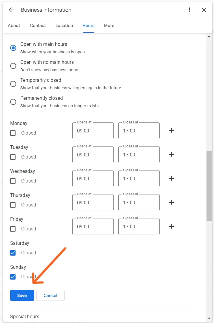 Google Business Profile - Save business hours changes