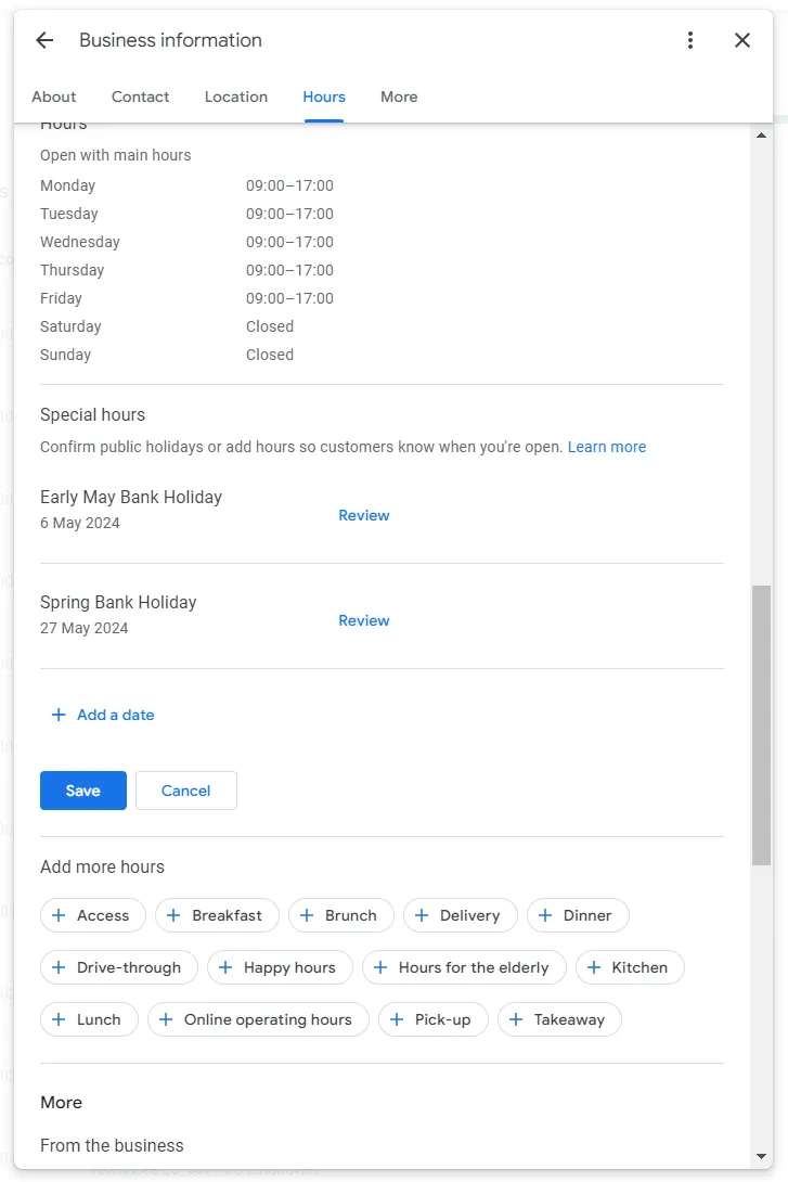 Google Business Profile - Special hours