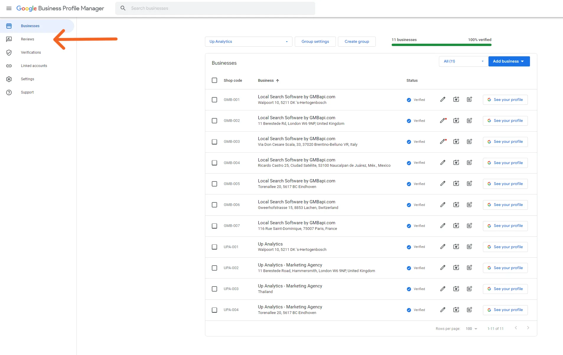 Painel de controlo do Google My Business - Comentários